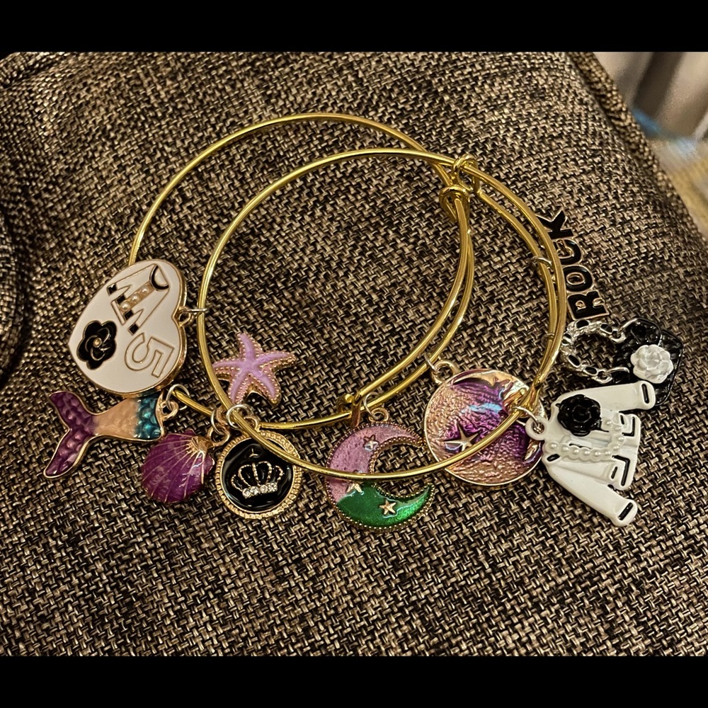 2 adjustable charm bracelets. 5 charms on each.